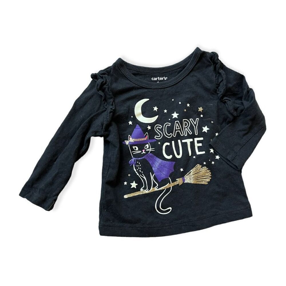 Baby Girls Carters Halloween Black Cat Scary Cute Graphic Tee - Sz 6 mo